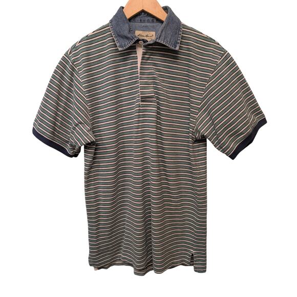Vintage Eddie Bauer Polo Shirt Striped Cotton Denim Collar Y2K Preppy - Picture 1 of 4